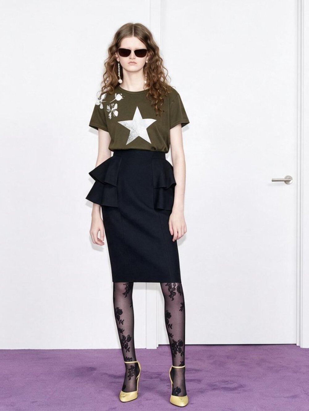 Valentino Olive Green Short Sleeve Tee with White Star & Floral Prints